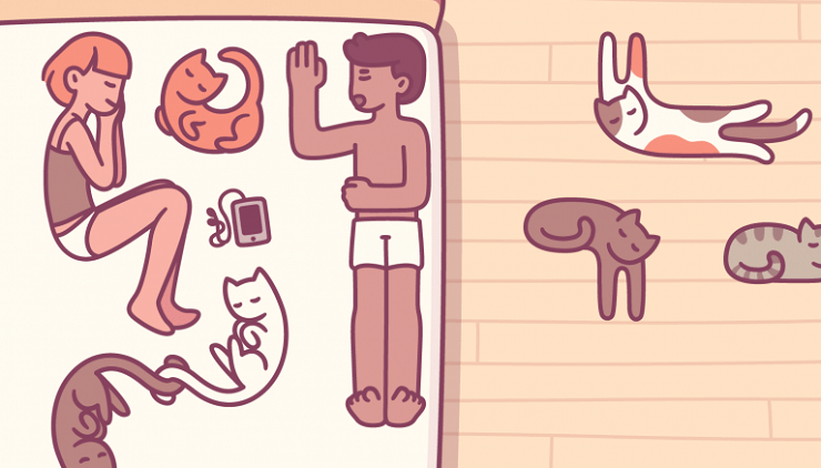 indie games cats - strange shaped cats lie on a bed between two people, more lie in wait on the floor