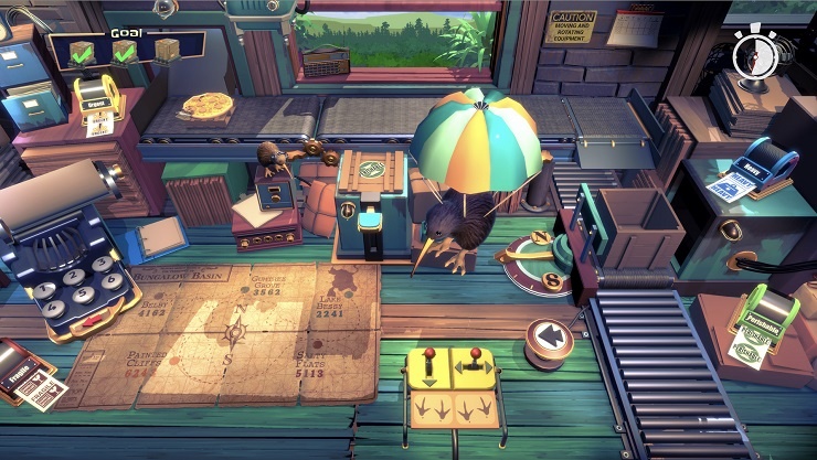 keywe - kiwi bird parachuting down onto a table covered in items