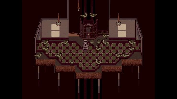 an outcry - a character stands in a hallway filled with crows
