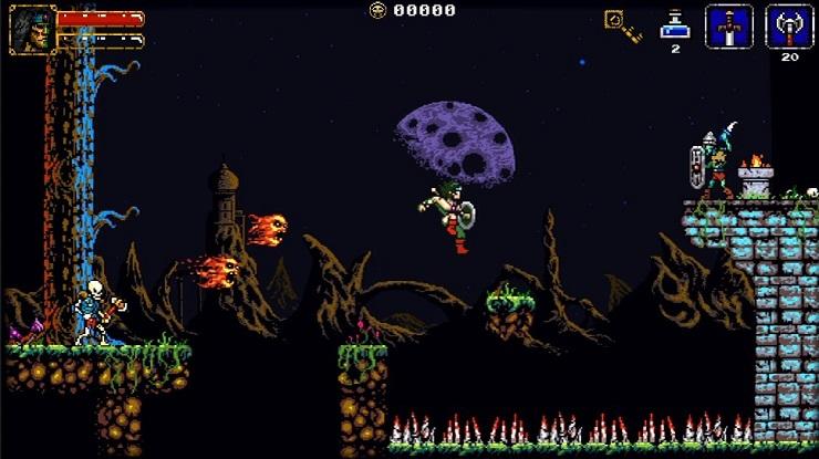 Beholgar - a shirtless warrior jumps over spikes while fireballs with faces chase him.
