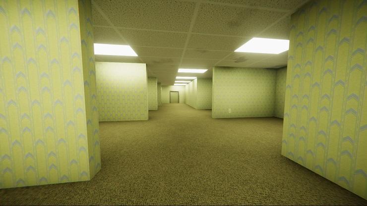 a series of beige office halls stretch into the distance
