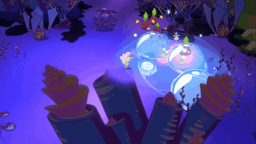 grimoire grove - a character runs from bubbles rising up in a purple field