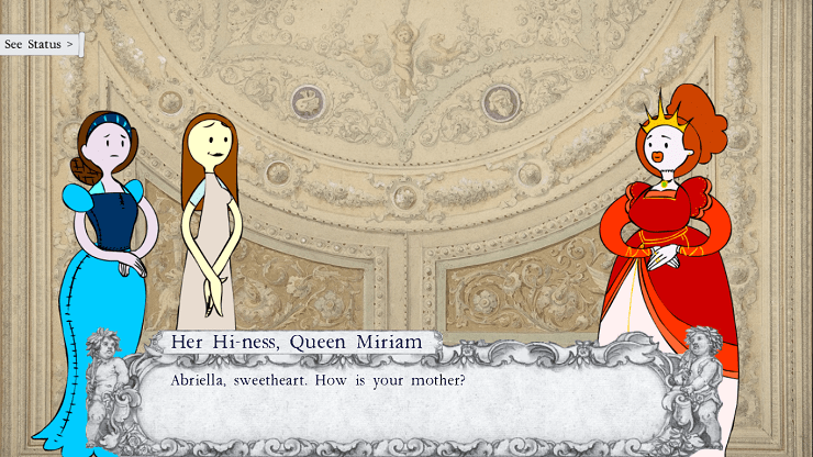two women are speaking with a woman in a red dress