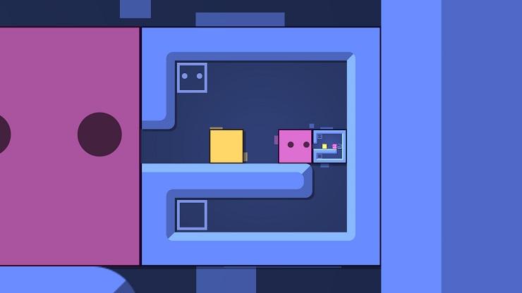 Patrick's Parabox - a purple square with eyes looks on as a smaller purple square with eyes moves toward a tinier box containing more squares in a similar layout