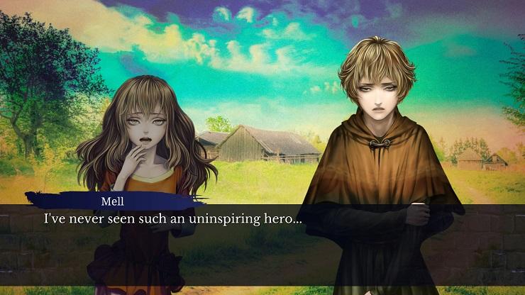 a man and a woman in older, shabby clothes look at the camera. One of them says " I have never seen such an uninspiring hero..."