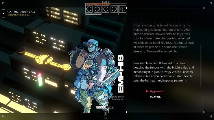 Citizen Sleeper - a character in a hat, Emphis, carries loads of ingredients as they look at you