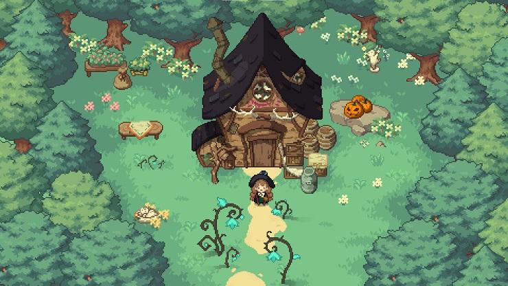 Little Witch in the Woods - a small witch stands in front of a cottage