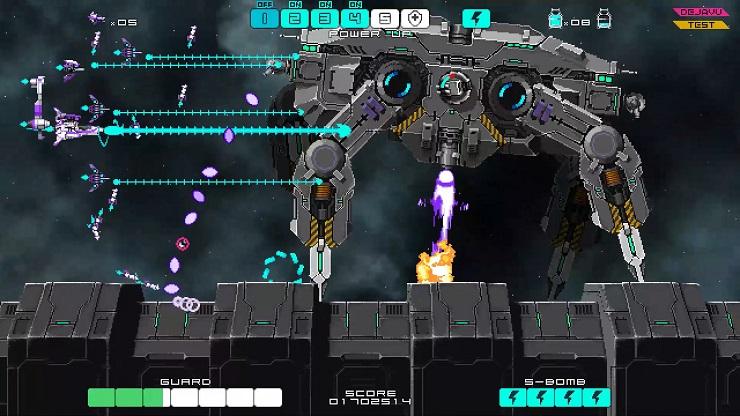 DRAINUS - a starship fires beams at a massive spider-like robot