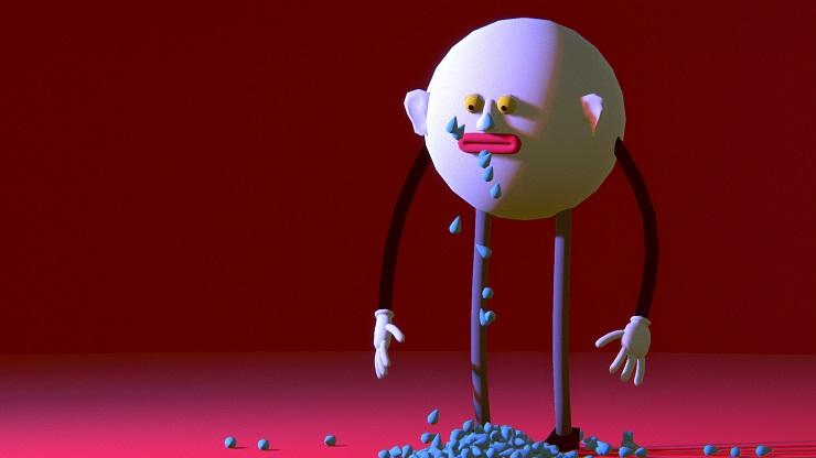 a large, spherical man cries tears that pool on the ground