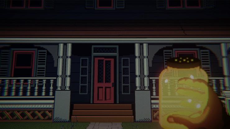 uninvited - a spooky front door is lit up by a jar of fireflies