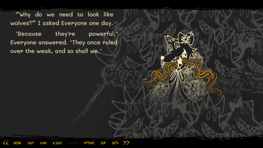 queer games bundle - a person wearing a wolf's wool, saying the wear it because it the wolf is powerful and rules over the weak.