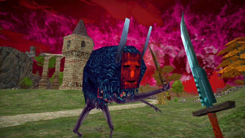 Dread Delusion - a blue, masked demonic creature swings a sword at the player.