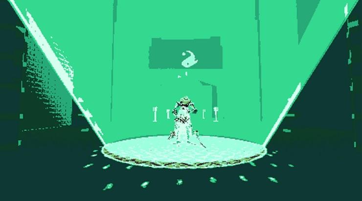 a machine stands in a bright green spotlight