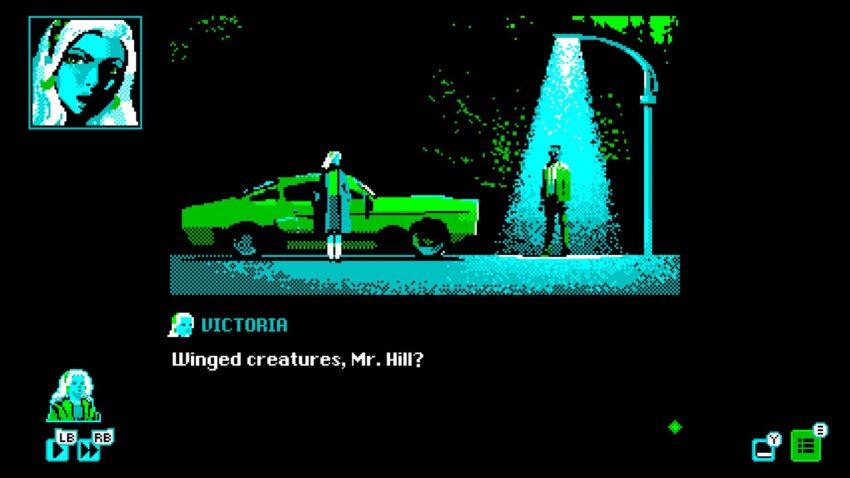 Mothmen 1966 - a female-presenting person stands by a car as a male-presenting person stands under a street light