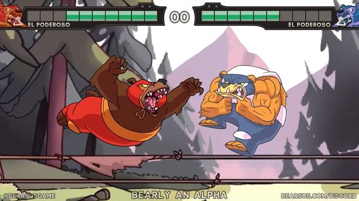 a pair of bears in wrestling gear leap through the air towards each other