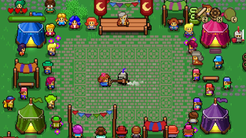 Blossom Tales II - a young girl dashes toward an armored knight as a crowd watches