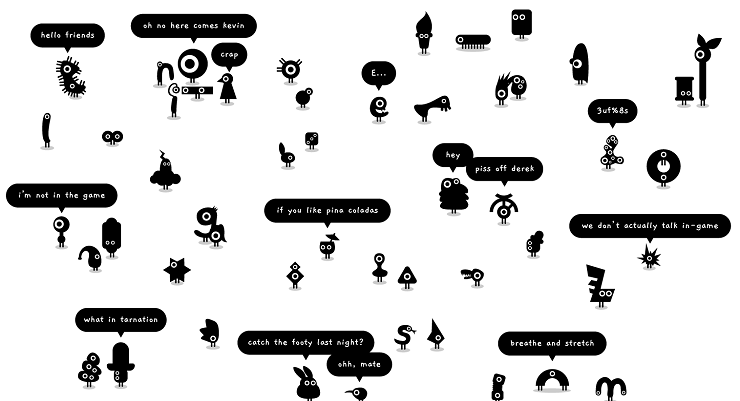 a group of tiny characters are talking and hanging out with one another