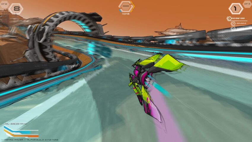 a futuristic race car hurtles down a track