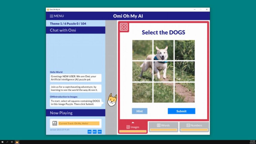 a dog picture is split into 9 smaller images, with text prompting you to pick all of the pictures that contain dogs