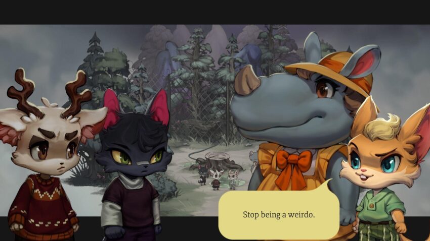 Beacon Pines - a group of animal children are standing together, with one telling another to "Stop being a weirdo."