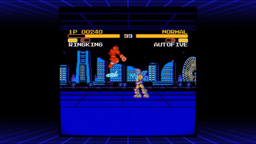 ROBO OH - a large boxing robot leaps at another big robot. A ferris wheel is nearby