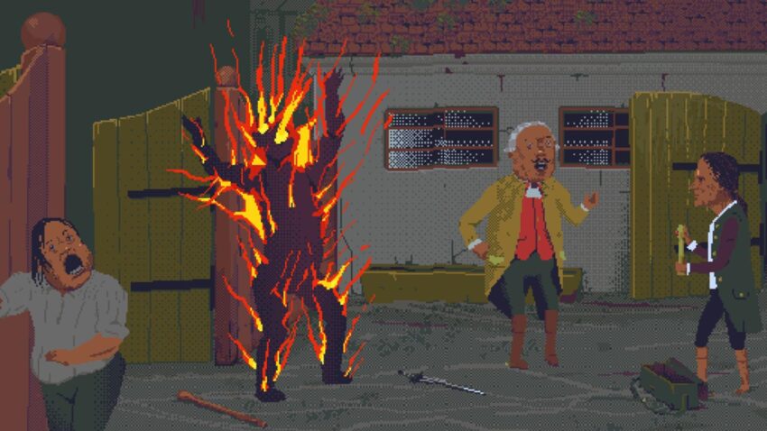 The Case of the Golden Idol - a person spontaneously combusting as a crowd of people run away