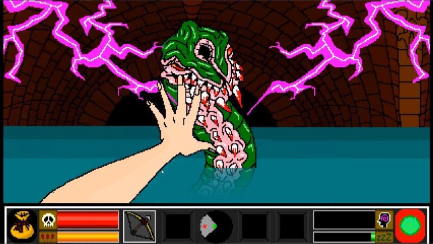 a strange fanged serpent rises from the water as purple lightning arcs from the sky