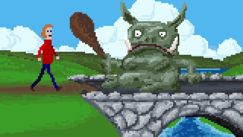 McPixel 3 - a red-haired man walks up to a troll on a bridge