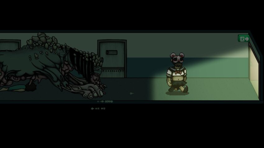 Anglerfish - a costumed person is being chased by a bulbous creature down a dark hallway