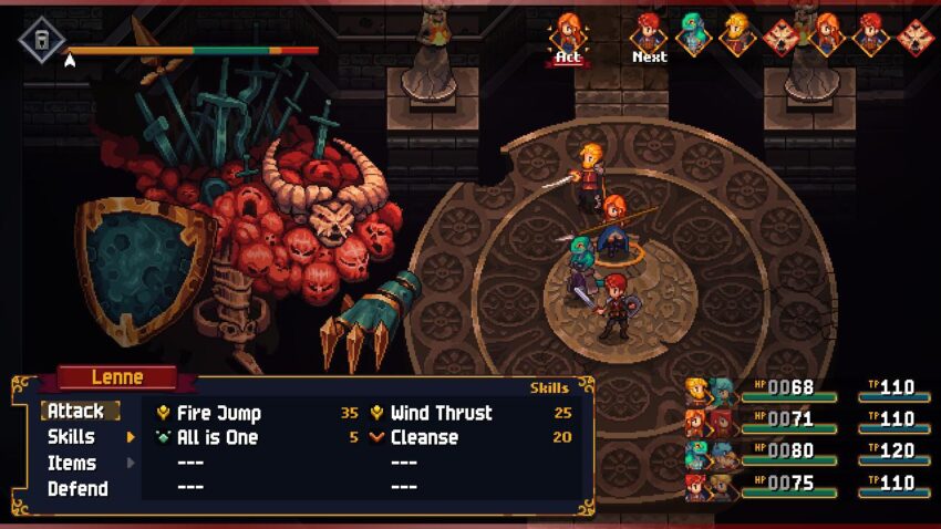 a group of warriors face a massive, skull-covered demon