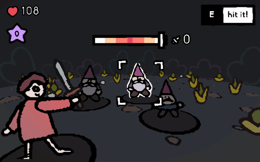 a person in a red shirt brandishes a sword at some garden gnomes.