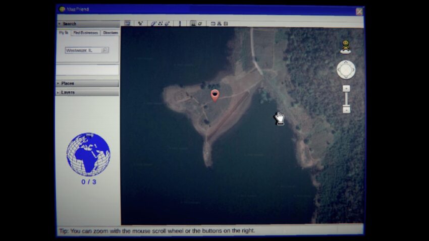 MapFriend - an open map of a forested area, a location symbol marking something in a field.