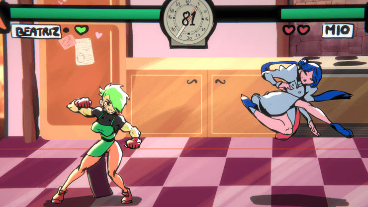 You're Cookin' Good Lookin' - a female-presenting person leaps in the air to throw a kick in a kitchen