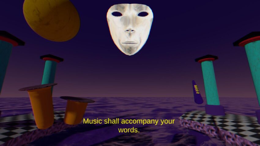 Strange Aeons - a white face looms over a surreal environment overlooking the water