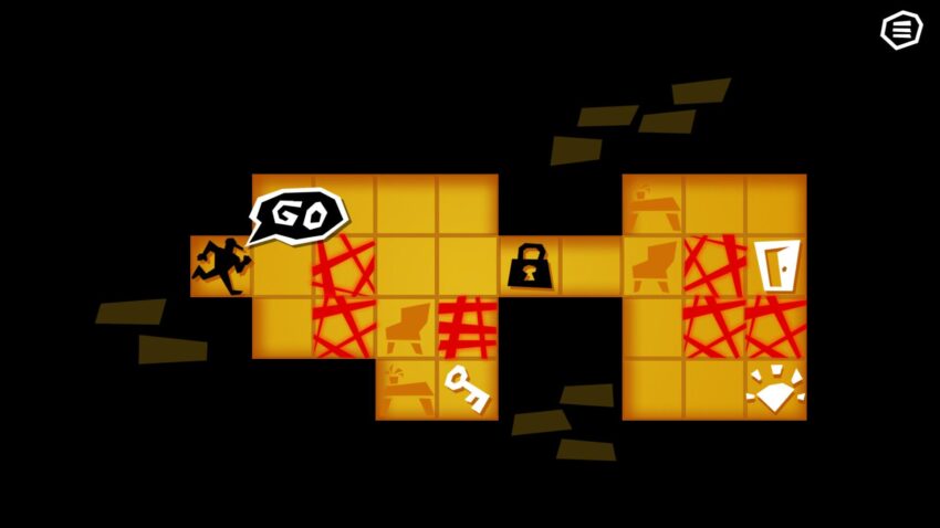Larcin Lazer - a character on a grid covered in laser traps, locks, office furniture, and treasures.