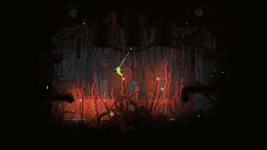 Rain World Downpour - a green slugcat swings using its tongue