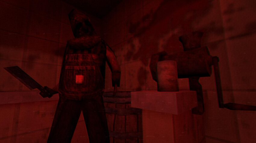 Cannibal Abduction - a masked killer bathed in red light