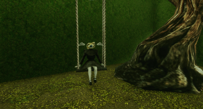 a child with an eye for a head sits on a swing