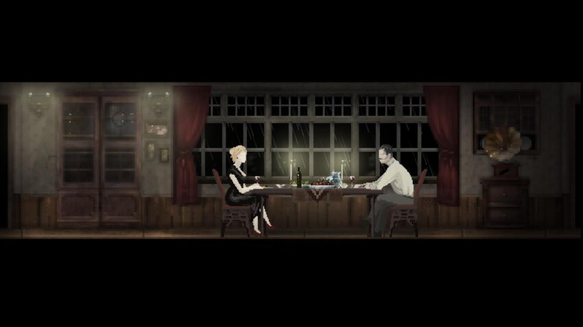 a woman in a black dress sits across from a man at a candlelit dinner table