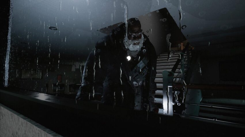 intruders hide and seek - you look through a raindrop-covered window at a large bearded man