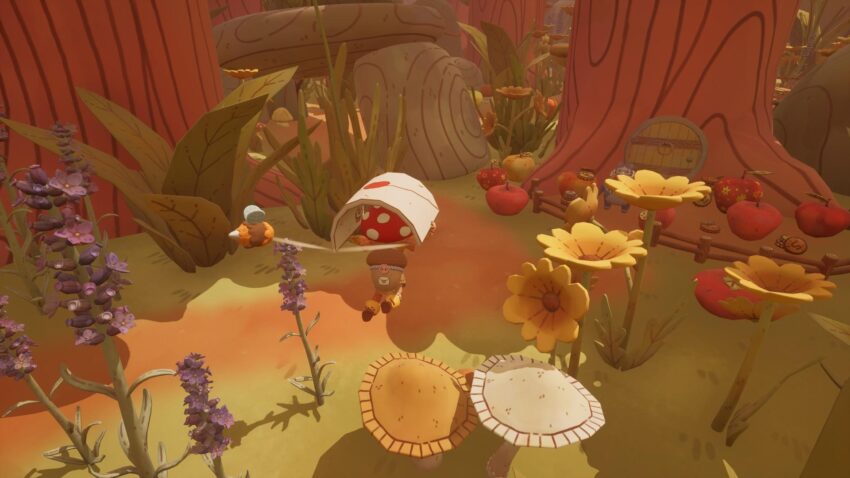 a mushroom person uses a letter to glide through the woods
