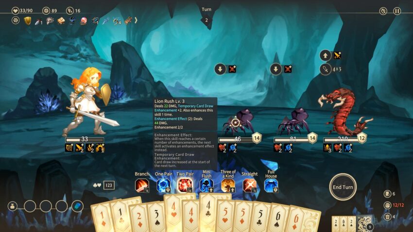 Zoeti - a warrior stands in front of group of monsters. A card hand is below her.