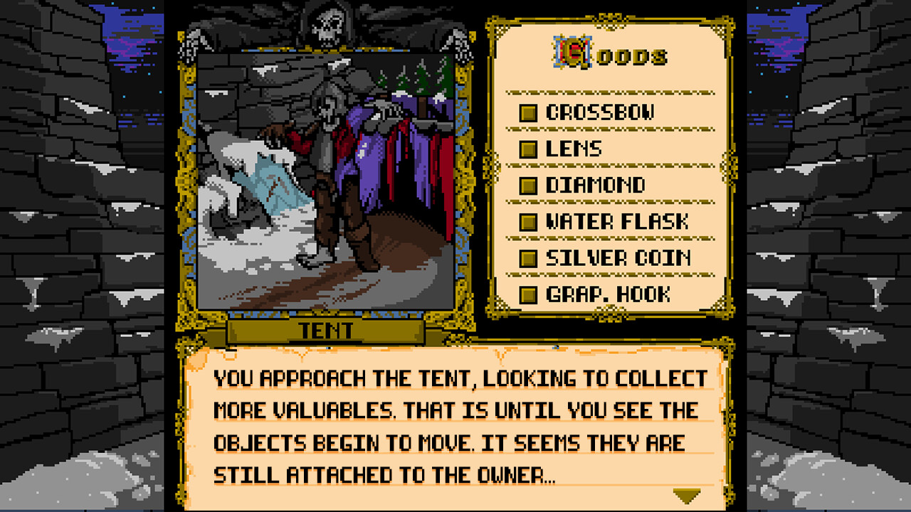 Beyond Shadowgate - an undead figure in a helmet is standing in front of a torn, colorful tent