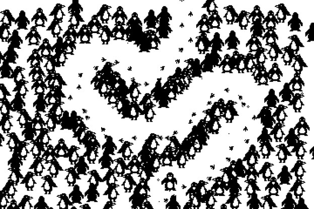 Snow Flow - a snowy path winds through a sea of penguins.