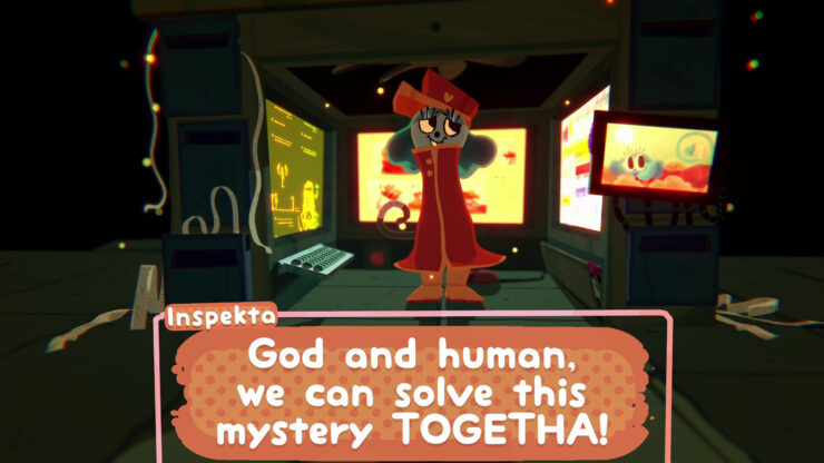 Great God Grove - A long-haired blue creature in a red uniform stands in a computer-filled room.