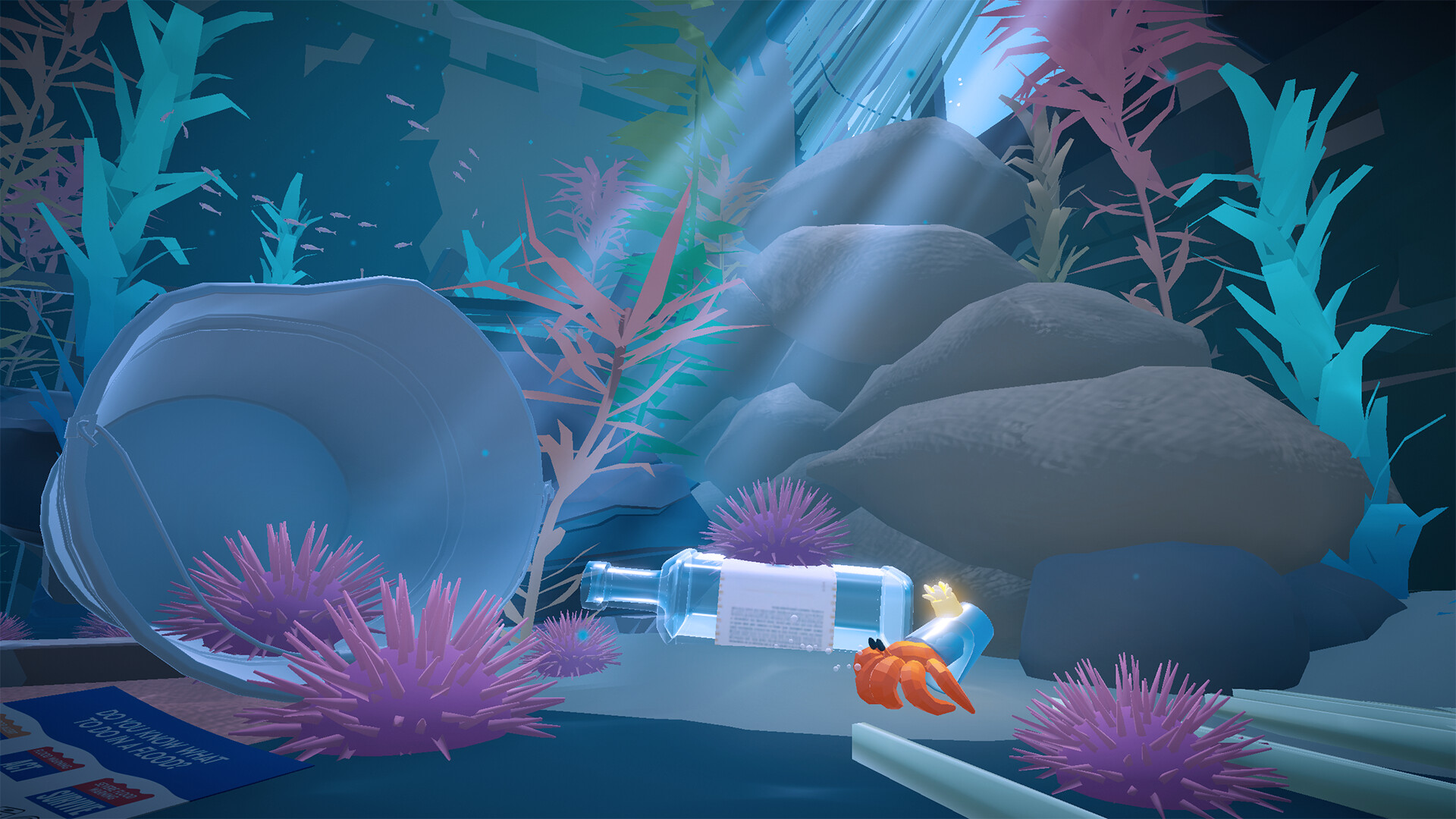 A Home Below - A hermit crab uses a shot glass for a shell. It is walking along the sea floor.