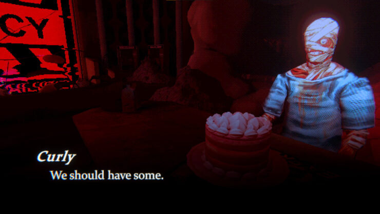 Mouthwashing - A bandaged man sits at a table in front of a cake.