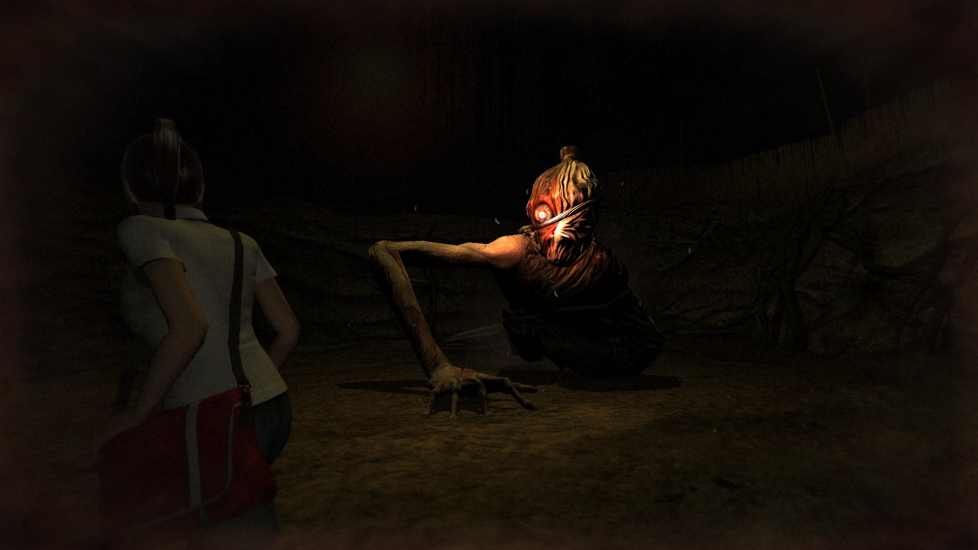 dreadout remastered collection - A strange creature , its head bound in cloth and a single red eye peering out, chases a teenage girl.