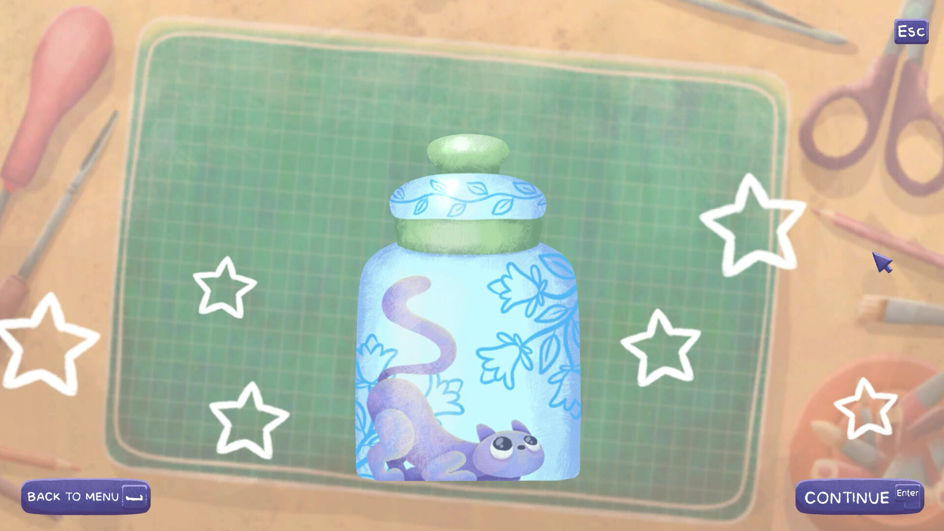 Magic Cats Pots - A repaired blue jar with a crouching cat on it.