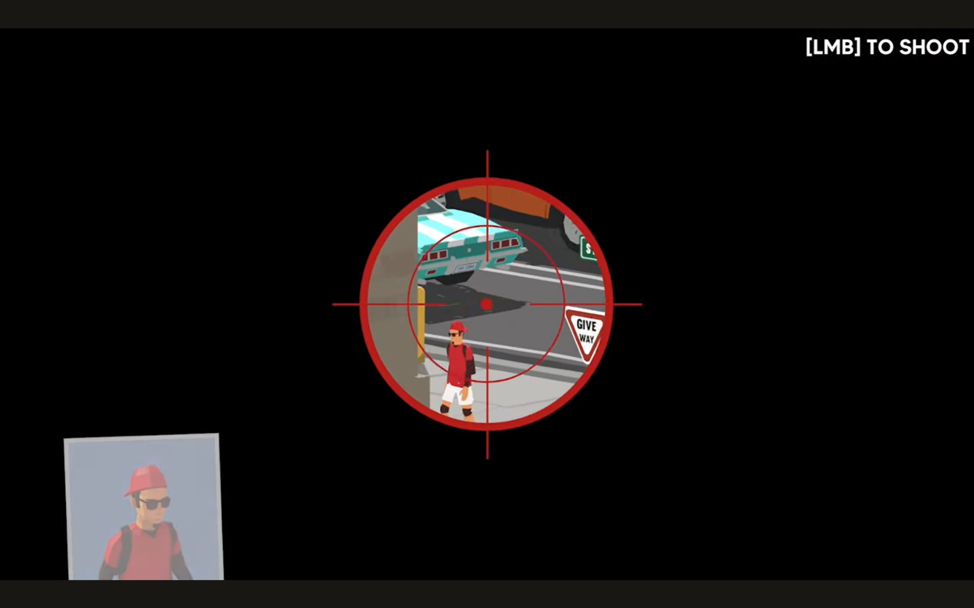 Ikeelya - A man in a red hat is in a sniper's viewfinder.
